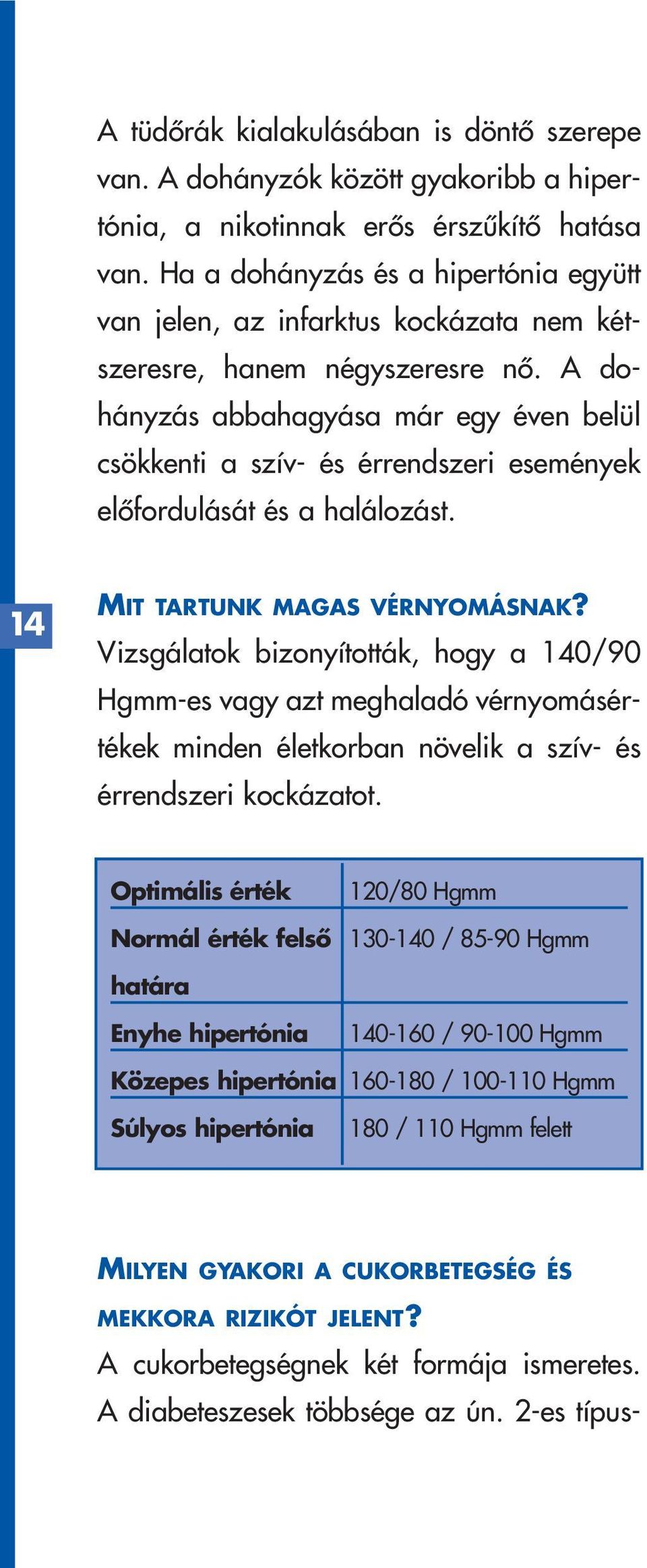 A dohányzás abbahagyása már egy éven belül csökkenti a szív- és érrendszeri események elôfordulását és a halálozást. 14 MIT TARTUNK MAGAS VÉRNYOMÁSNAK?