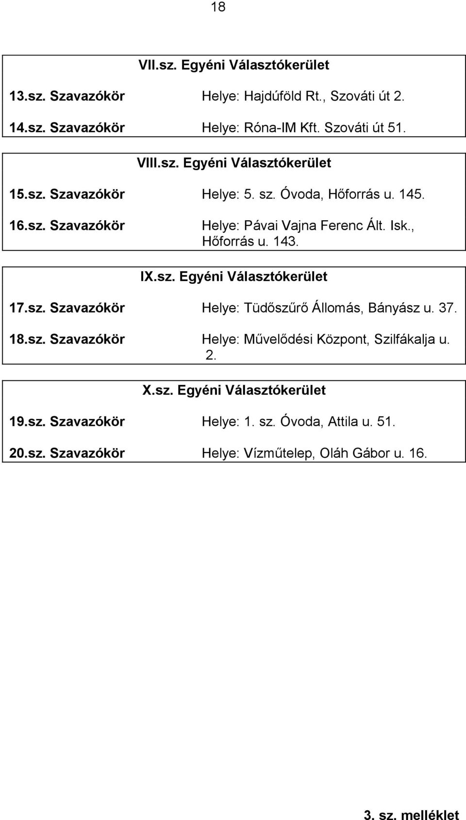 sz. Szavazókör Helye: Tüdőszűrő Állomás, Bányász u. 37. 18.sz. Szavazókör Helye: Művelődési Központ, Szilfákalja u. 2. X.sz. Egyéni Választókerület 19.