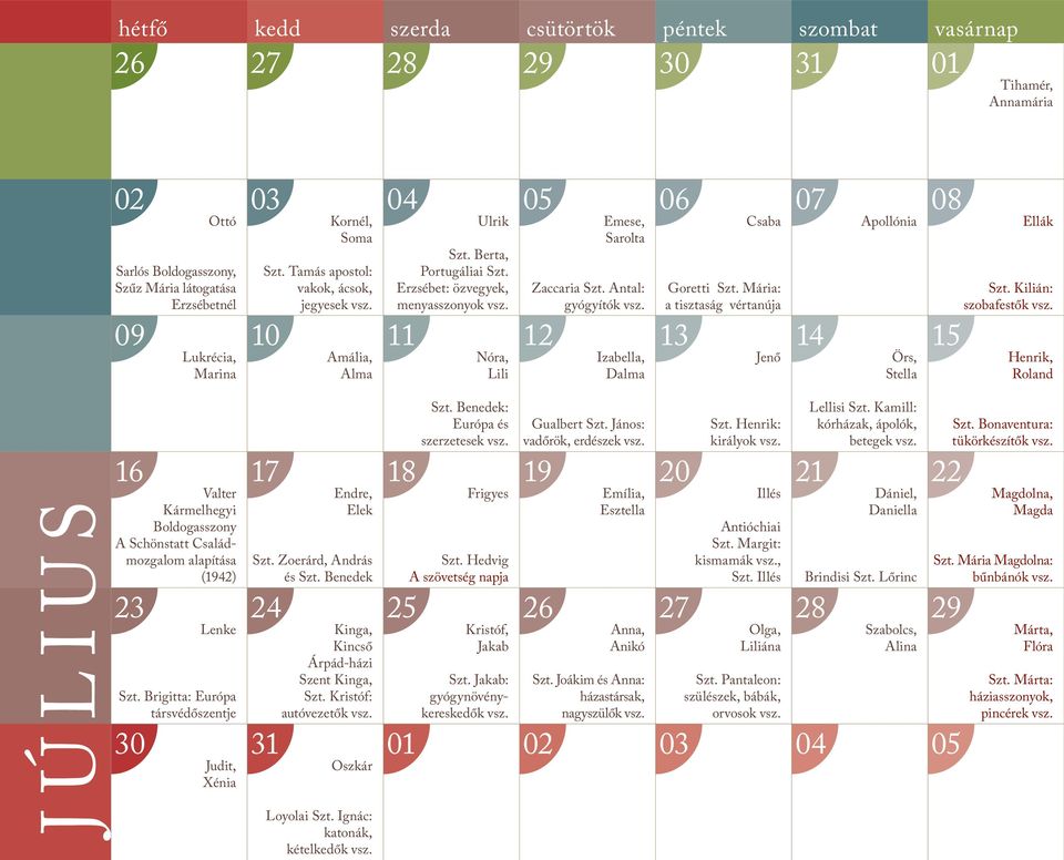 Antal: gyógyítók vsz. 12 Izabella, Dalma 06 Csaba Goretti Szt. Mária: a tisztaság vértanúja 13 Jenő 07 14 Apollónia Örs, Stella 08 15 Ellák Szt. Kilián: szobafestők vsz.