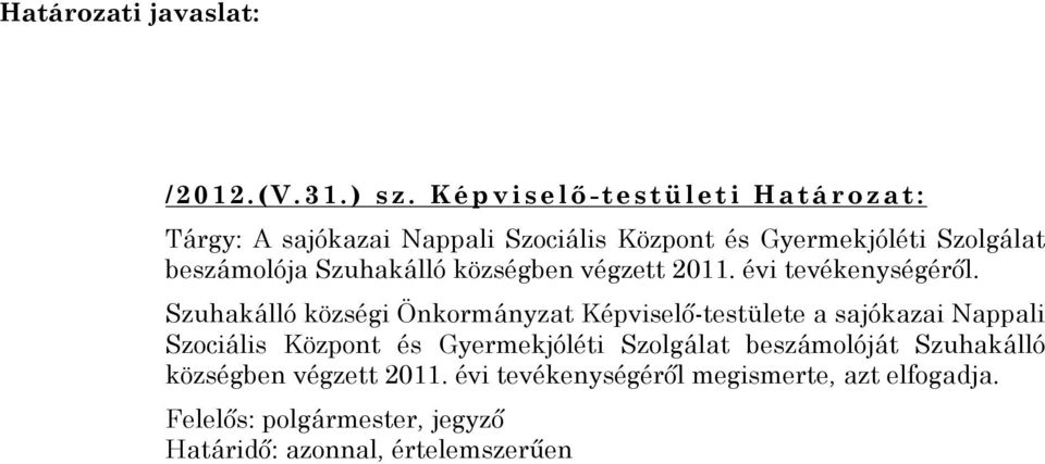 beszámolója Szuhakálló községben végzett 2011. évi tevékenységéről.