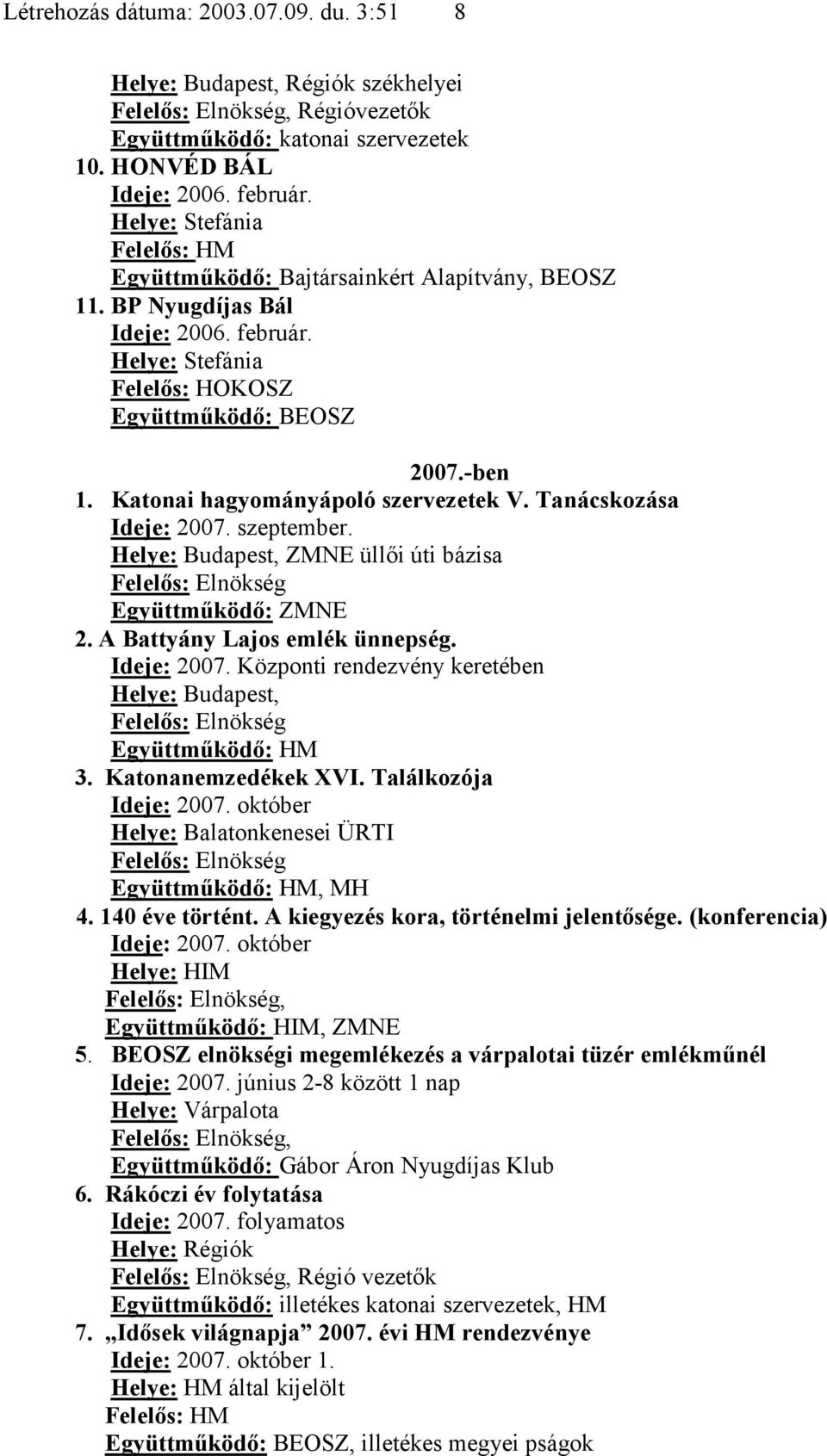 Katonanemzedékek XVI. Találkozója Ideje: 2007. október Helye: Balatonkenesei ÜRTI Együttműködő: HM, MH 4. 140 éve történt. A kiegyezés kora, történelmi jelentősége. (konferencia) Ideje: 2007.