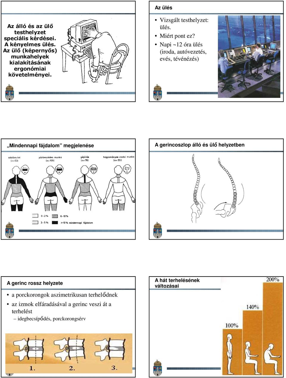 Napi ~12 óra ülés (iroda, autóvezetés, evés, tévénézés) Mindennapi fájdalom megjelenése A gerincoszlop álló és ülő