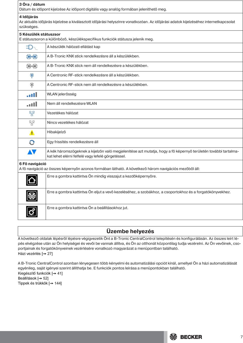 A készülék hálózati ellátást kap A B-Tronic KNX stick rendelkezésre áll a készülékben. A B-Tronic KNX stick nem áll rendelkezésre a készülékben. A Centronic RF-stick rendelkezésre áll a készülékben.