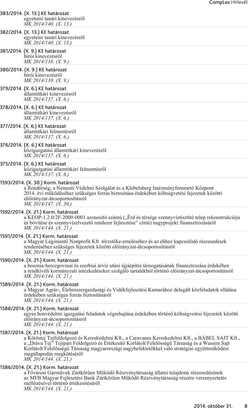 (X. 6.) KE határozat közigazgatási államtitkári kinevezésrõl 375/2014. (X. 6.) KE határozat közigazgatási államtitkári felmentésrõl 1593/2014. (X. 30.) Korm.