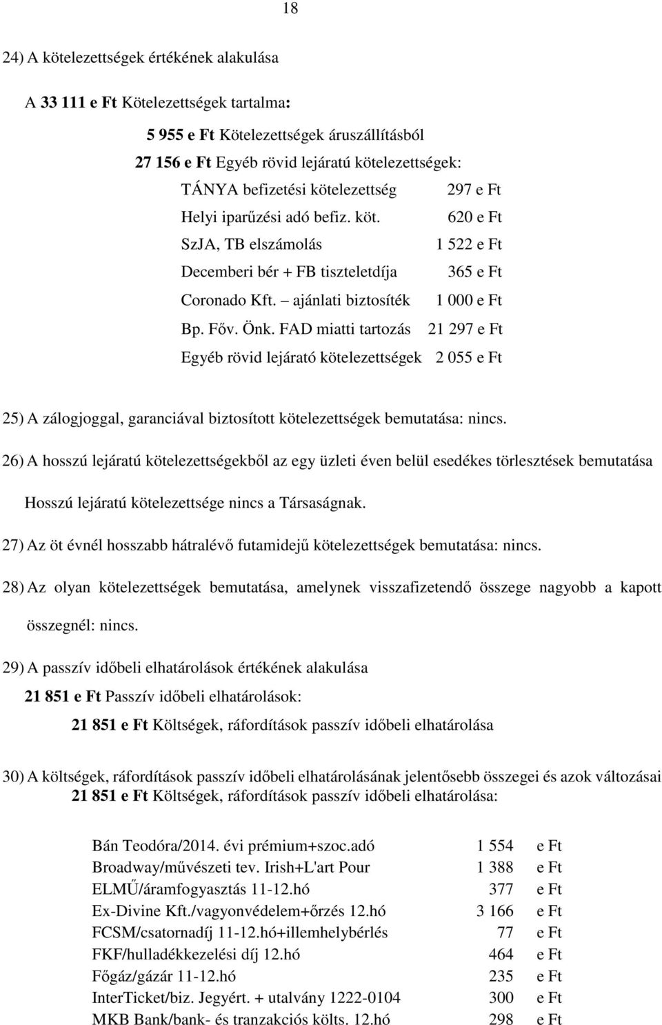 FAD miatti tartozás 21 297 e Ft Egyéb rövid lejárató kötelezettségek 2 055 e Ft 25) A zálogjoggal, garanciával biztosított kötelezettségek bemutatása: nincs.