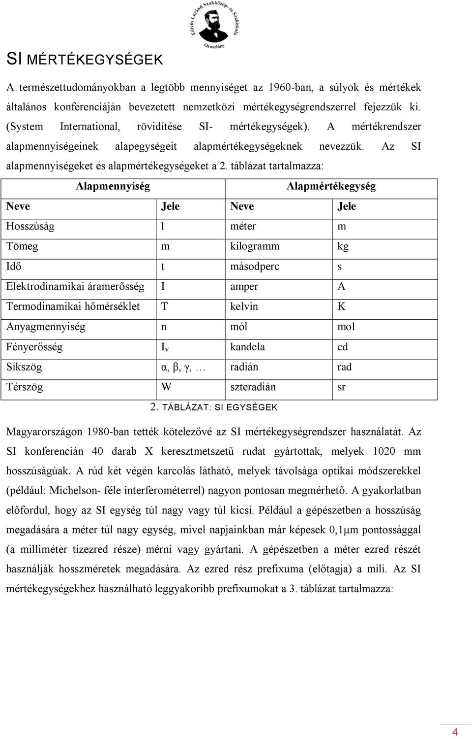 táblázat tartalmazza: Alapmennyiség Alapmértékegység Neve Jele Neve Jele Hosszúság l méter m Tömeg m kilogramm kg Idő t másodperc s Elektrodinamikai áramerősség I amper A Termodinamikai hőmérséklet T