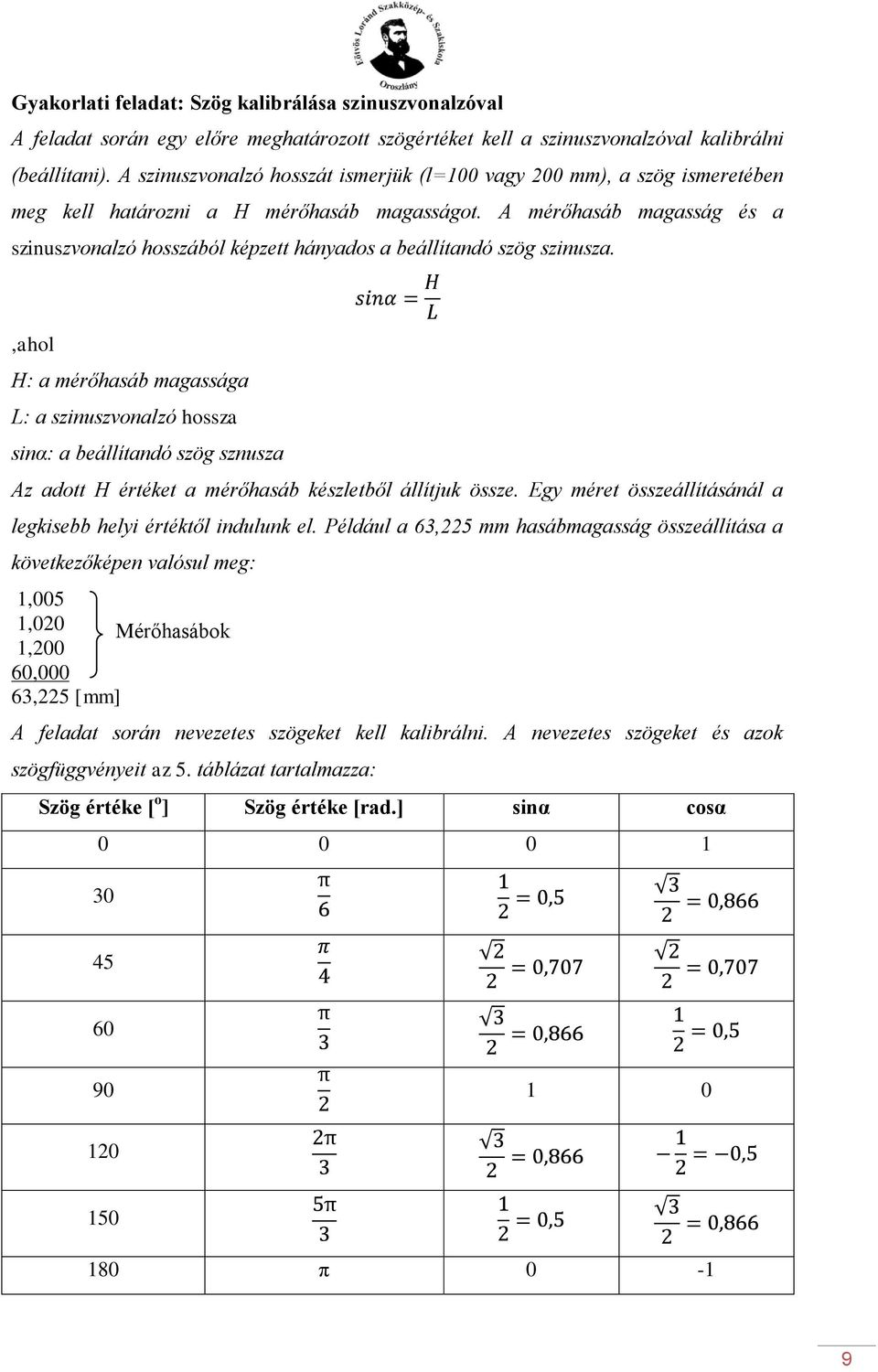 A mérőhasáb magasság és a szinuszvonalzó hosszából képzett hányados a beállítandó szög szinusza.