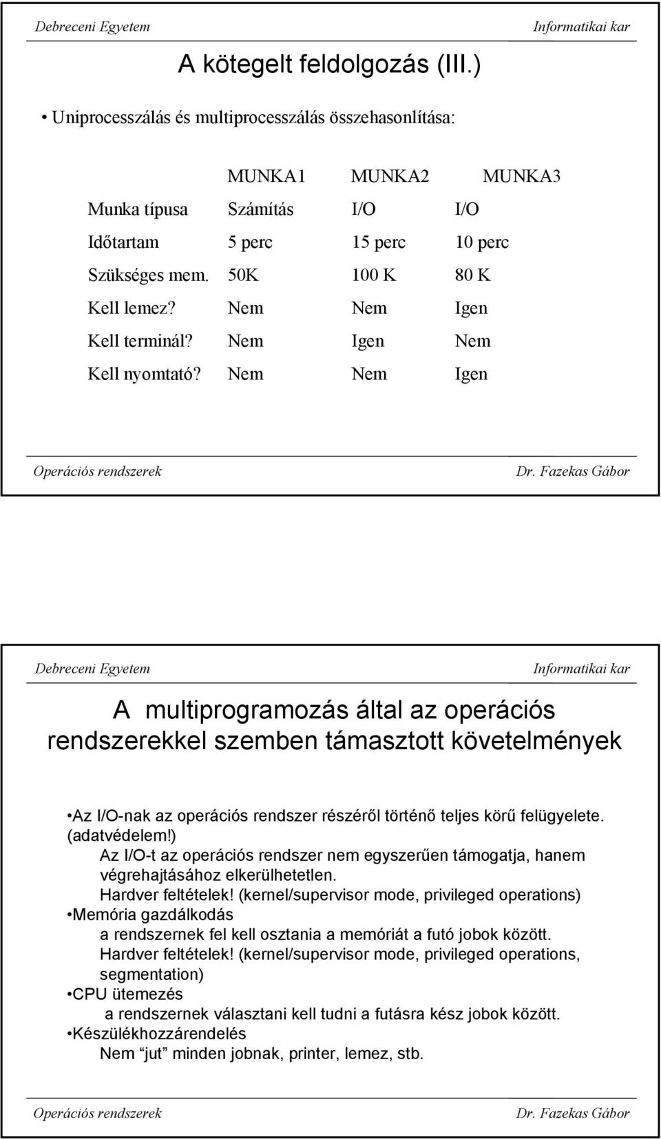 Nem Nem Igen A multiprogramozás által az operációs rendszerekkel szemben támasztott követelmények Az I/O-nak az operációs rendszer részéről történő teljes körű felügyelete. (adatvédelem!