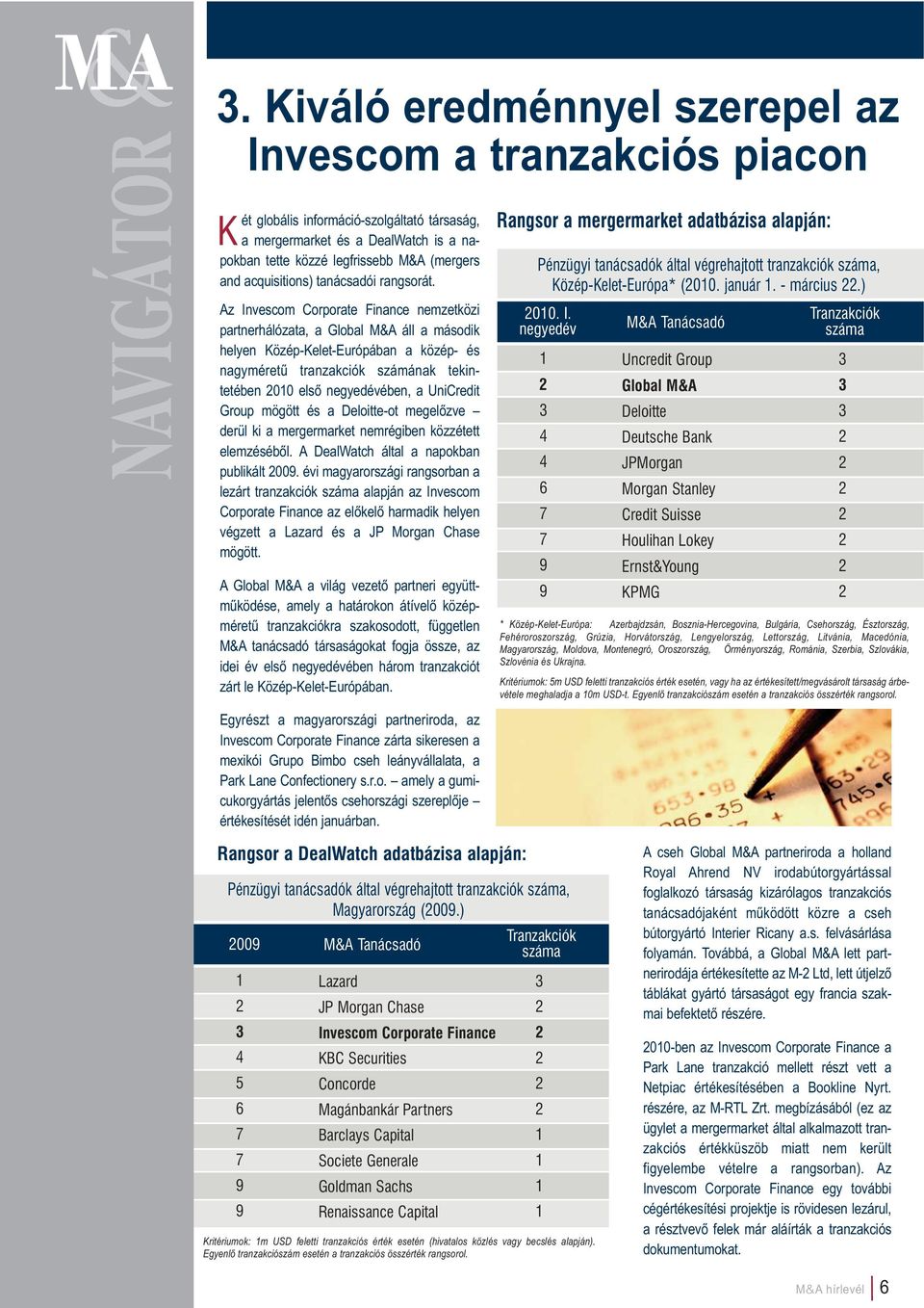 z Invescom Corporate Finance nem zet kö zi partnerhálózata, a Global M& áll a második helyen Közép-Kelet-Európában a közép- és nagyméretű tranzakciók szá má nak tekintetében 00 első negyed évé ben, a