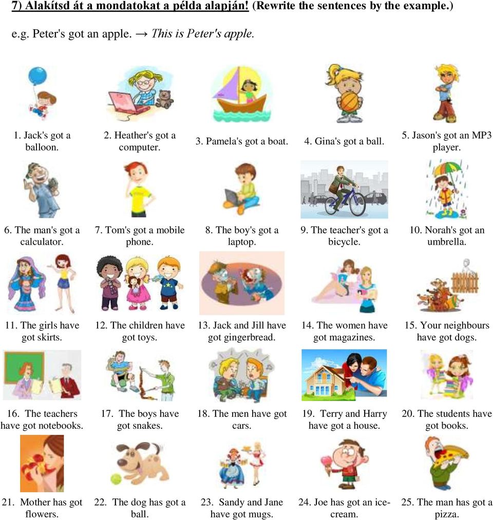 Norah's got an umbrella. 11. The girls have got skirts. 12. The children have got toys. 13. Jack and Jill have got gingerbread. 14. The women have got magazines. 15. Your neighbours have got dogs. 16.