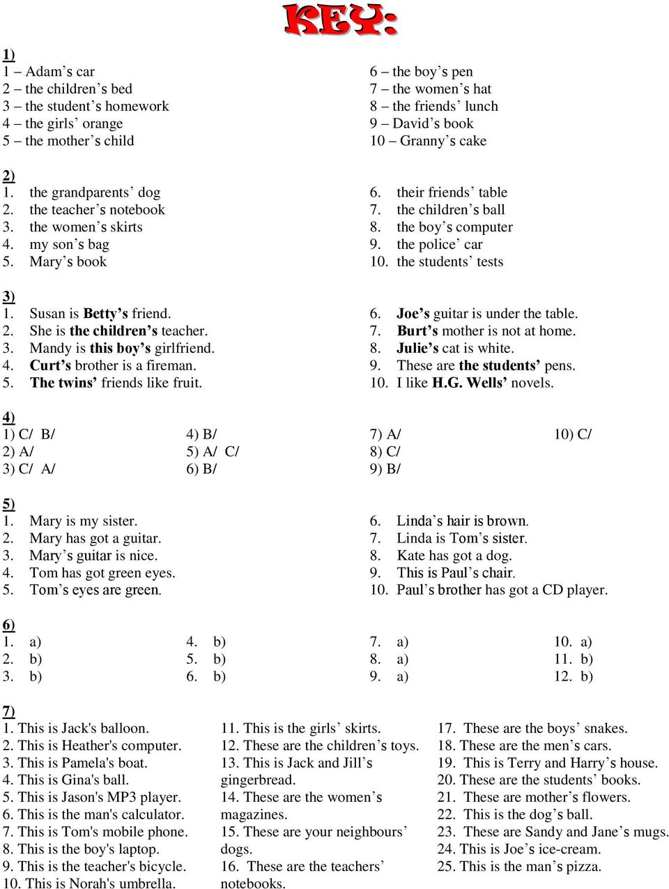 KEY: 6 the boy s pen 7 the women s hat 8 the friends lunch 9 David s book 10 Granny s cake 6. their friends table 7. the children s ball 8. the boy s computer 9. the police car 10.