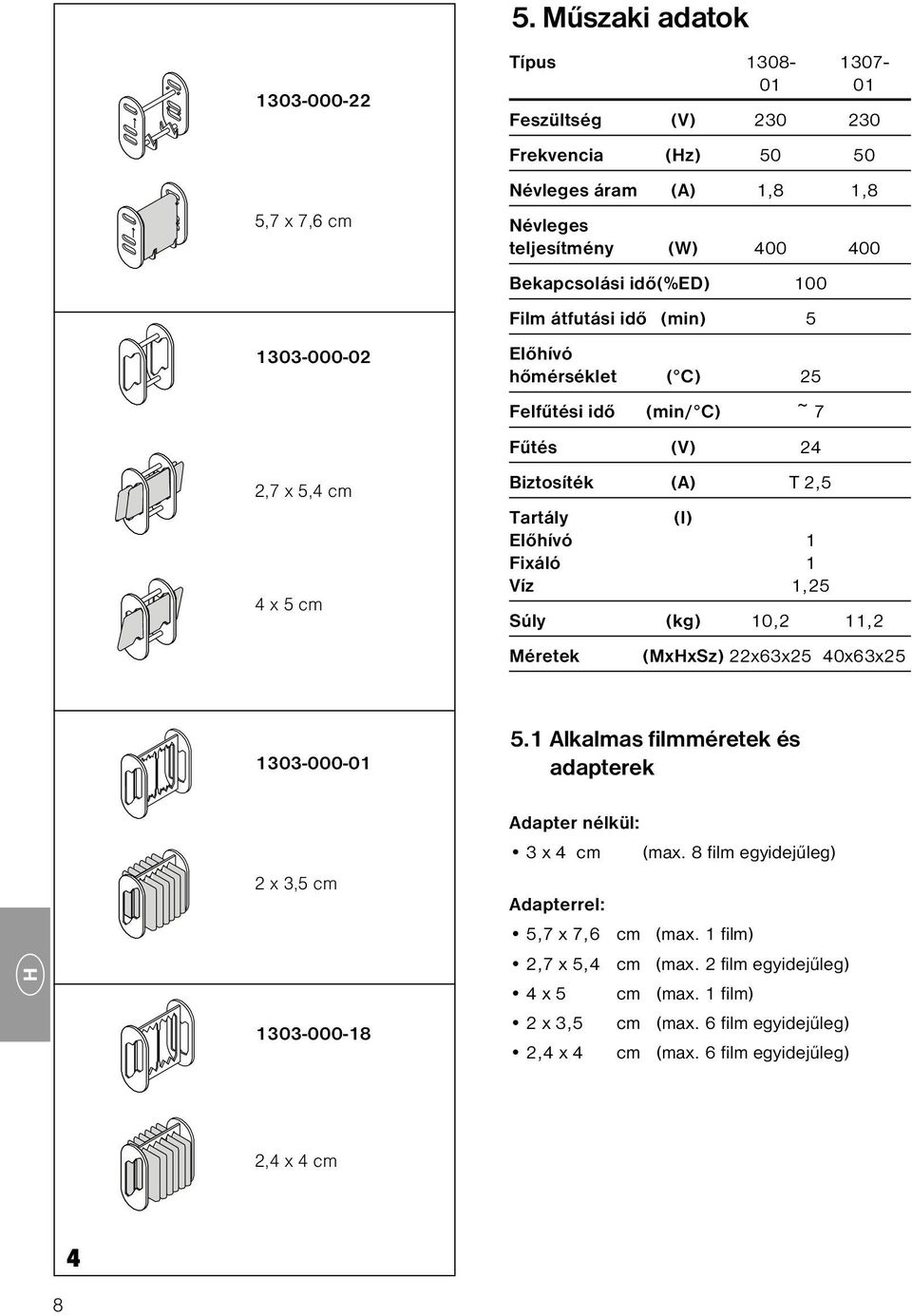 Fixáló 1 Víz 1,25 Súly (kg) 10,2 11,2 Méretek (MxHxSz) 22x63x25 40x63x25 1303-000-01 5.1 Alkalmas filmméretek és adapterek 2 x 3,5 cm 1303-000-18 Adapter nélkül: 3 x 4 cm (max.