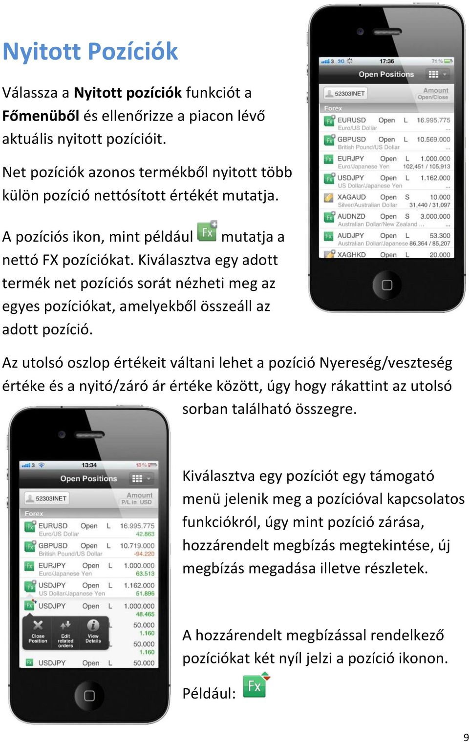 Kiválasztva egy adott termék net pozíciós sorát nézheti meg az egyes pozíciókat, amelyekből összeáll az adott pozíció.