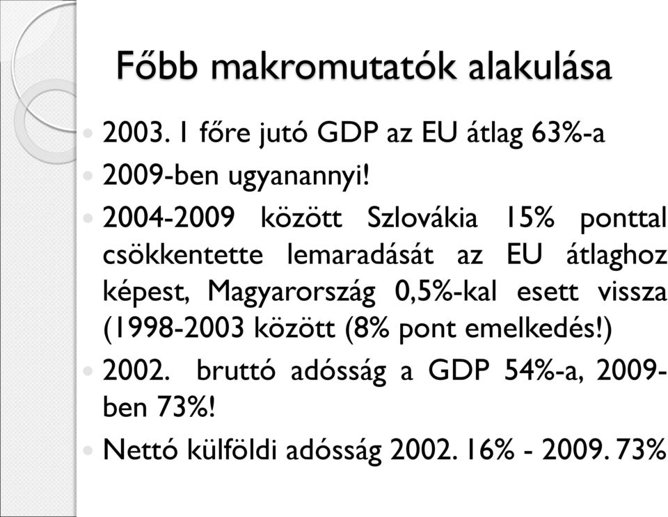 2004-2009 között Szlovákia 15% ponttal csökkentette lemaradását az EU átlaghoz