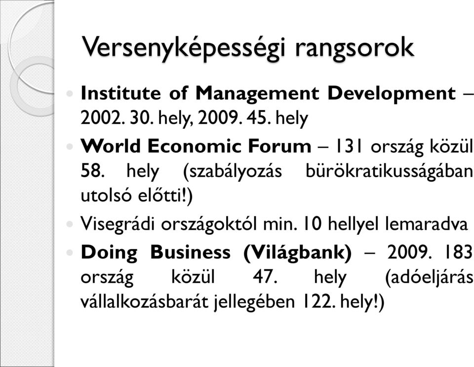 hely (szabályozás bürökratikusságában utolsó előtti!) Visegrádi országoktól min.