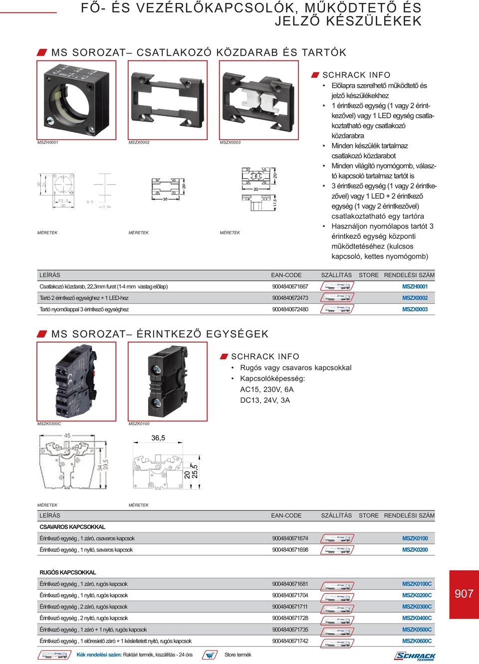 vagy 1 LED + 2 érintkező egység (1 vagy 2 érintkezővel) csatlakoztatható egy tartóra Használjon nyomólapos tartót 3 érintkező egység központi működtetéséhez (kulcsos kapcsoló, kettes nyomógomb)