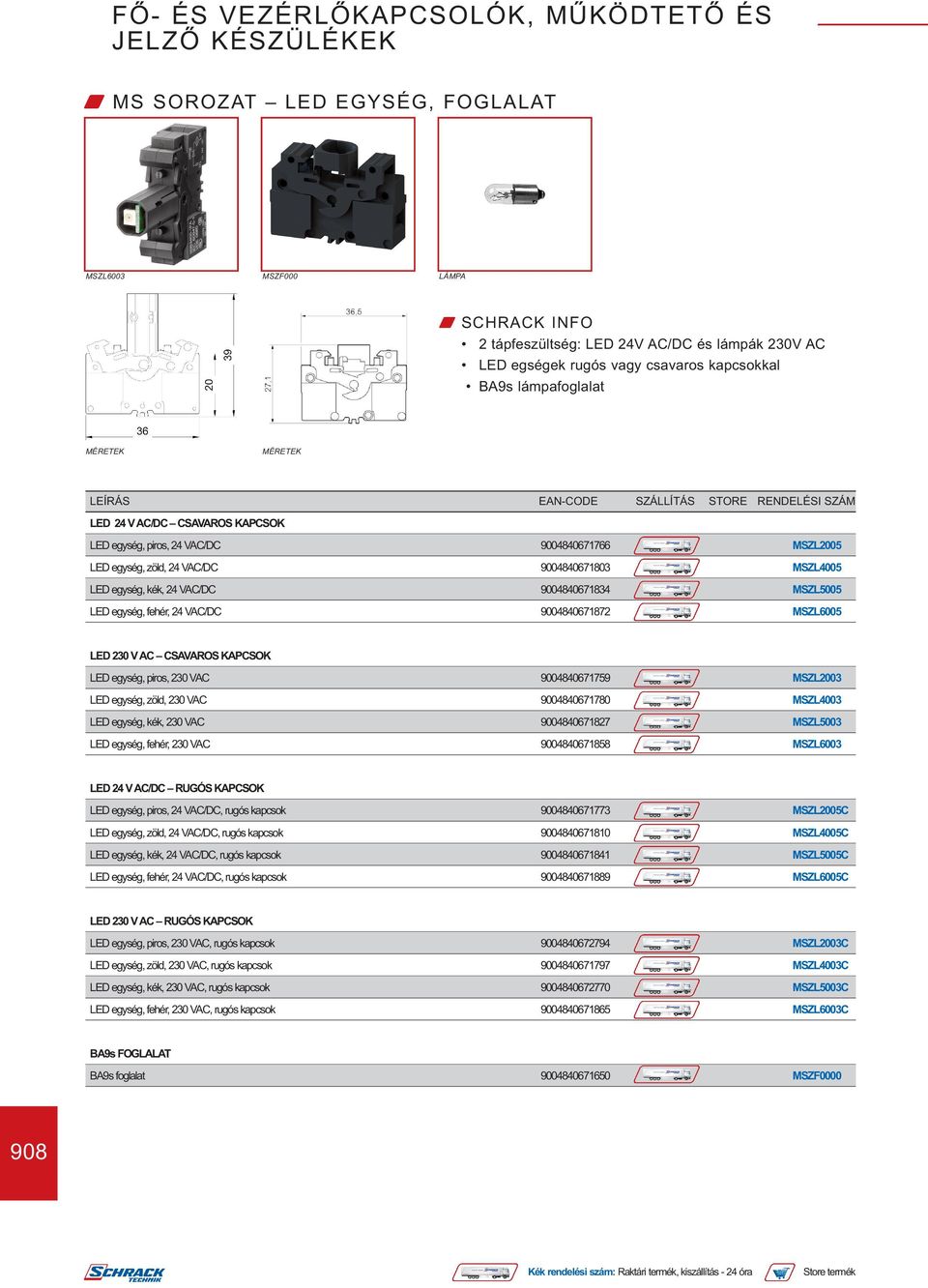 MSZL6005 LED 230 V AC CSAVAROS KAPCSOK LED egység, piros, 230 VAC 9004840671759 MSZL2003 LED egység, zöld, 230 VAC 9004840671780 MSZL4003 LED egység, kék, 230 VAC 9004840671827 MSZL5003 LED egység,