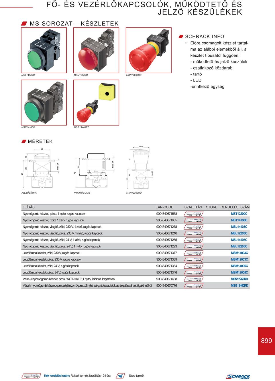 kapcsok 9004840671605 MST14100C Nyomógomb készlet, világító, zöld, 230 V, 1 záró, rugós kapcsok 9004840671278 MSL14103C Nyomógomb készlet, világító, piros, 230 V, 1 nyitó, rugós kapcsok 9004840671216