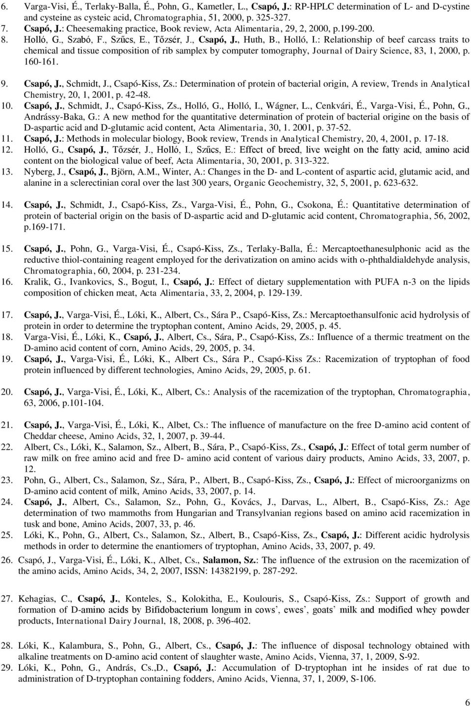 : Relationship of beef carcass traits to chemical and tissue composition of rib samplex by computer tomography, Journal of Dairy Science, 83, 1, 2000, p. 160-161. 9. Csapó, J., Schmidt, J.