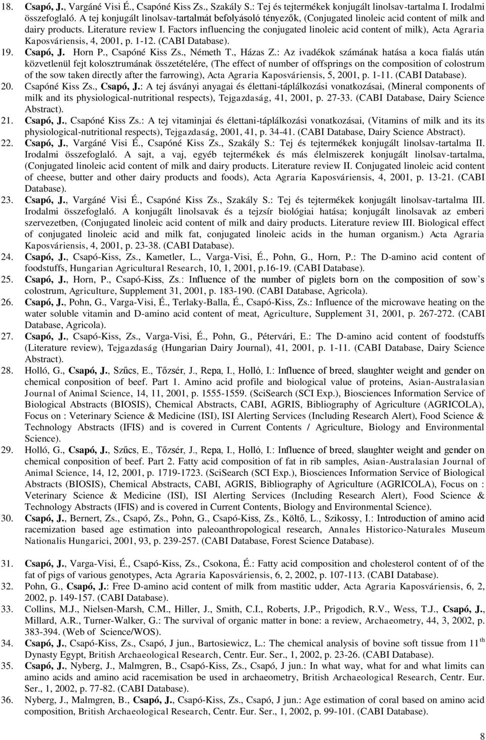 Factors influencing the conjugated linoleic acid content of milk), Acta Agraria Kaposváriensis, 4, 2001, p. 1-12. (CABI Database). 19. Csapó, J. Horn P., Csapóné Kiss Zs., Németh T., Házas Z.