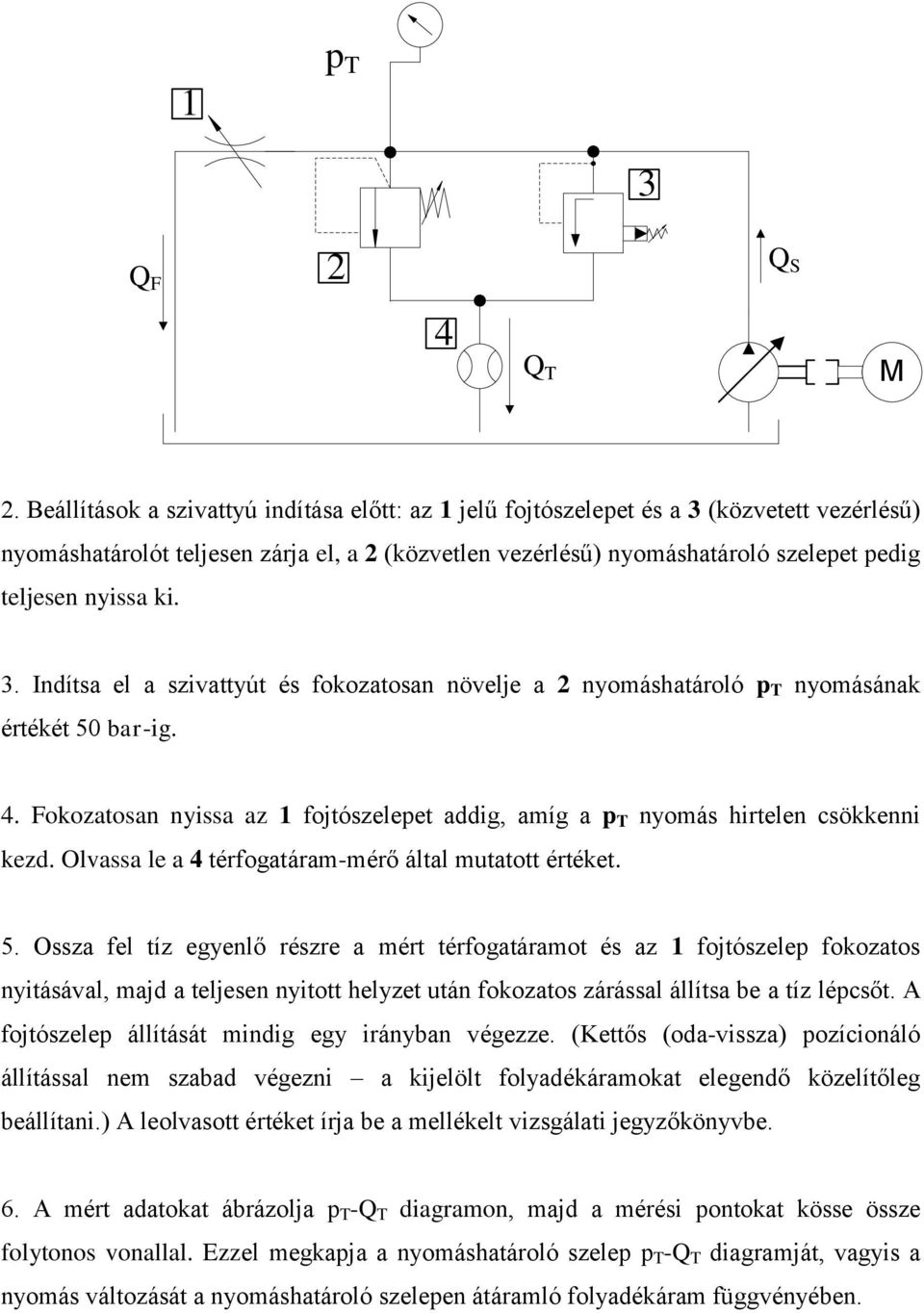 ki. 3. Indítsa el a szivattyút és fokozatosan növelje a 2 nyomáshatároló p T nyomásának értékét 50 bar-ig. 4. Fokozatosan nyissa az 1 fojtószelepet addig, amíg a p T nyomás hirtelen csökkenni kezd.