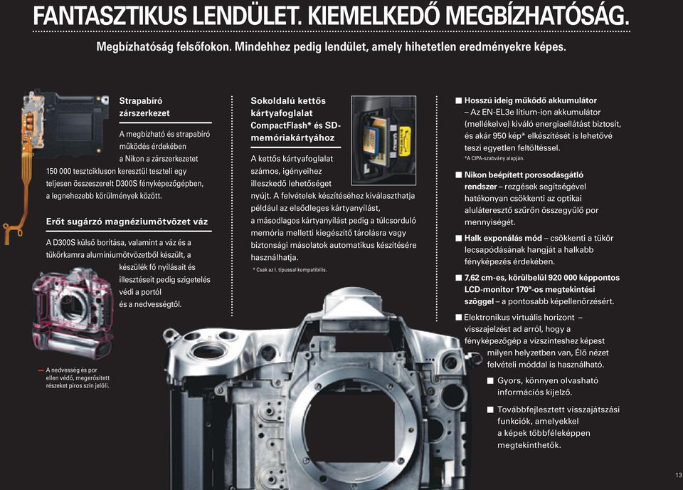 Strapabíró zárszerkezet A megbízható és strapabíró működés érdekében a Nikon a zárszerkezetet 150 000 tesztcikluson keresztül teszteli egy teljesen összeszerelt D300S fényképezőgépben, a legnehezebb