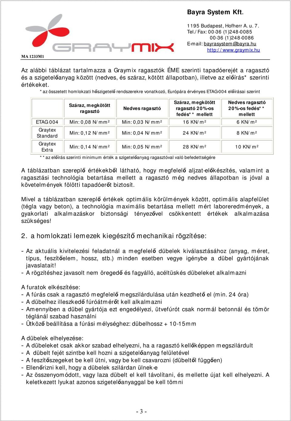 **az előírás szerinti minimum érték a szigetelőanyag ragasztóval való befedettségére A táblázatban szereplő értékekből látható, hogy megfelelő aljzat-előkészítés, valamint a ragasztási technológia