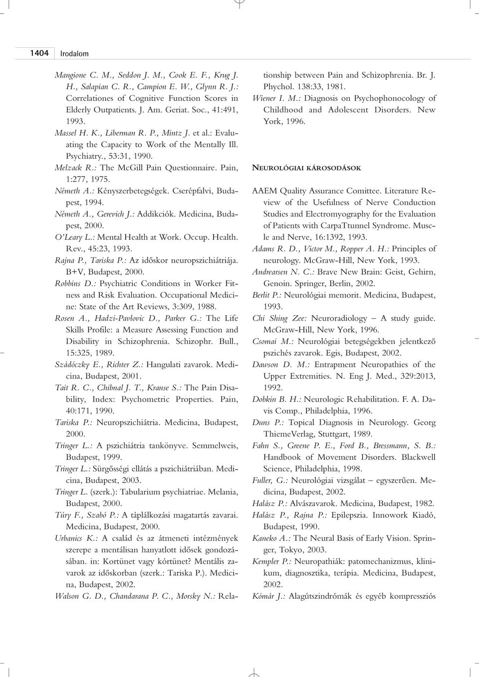 Pain, 1:277, 1975. Németh A.: Kényszerbetegségek. Cserépfalvi, Budapest, 1994. Németh A., Gerevich J.: Addikciók. Medicina, Budapest, O Leary L.: Mental Health at Work. Occup. Health. Rev.