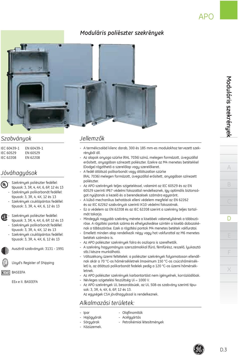 polikarbonát fedéllel: típusok: 3, 3R,,, és 3 Szekrények csuklópántos fedéllel: típusok: 3, 3R,,, 6, és 3 usztrál szabványok: 33 99 Lloyd's Register of Shipping S x e II.