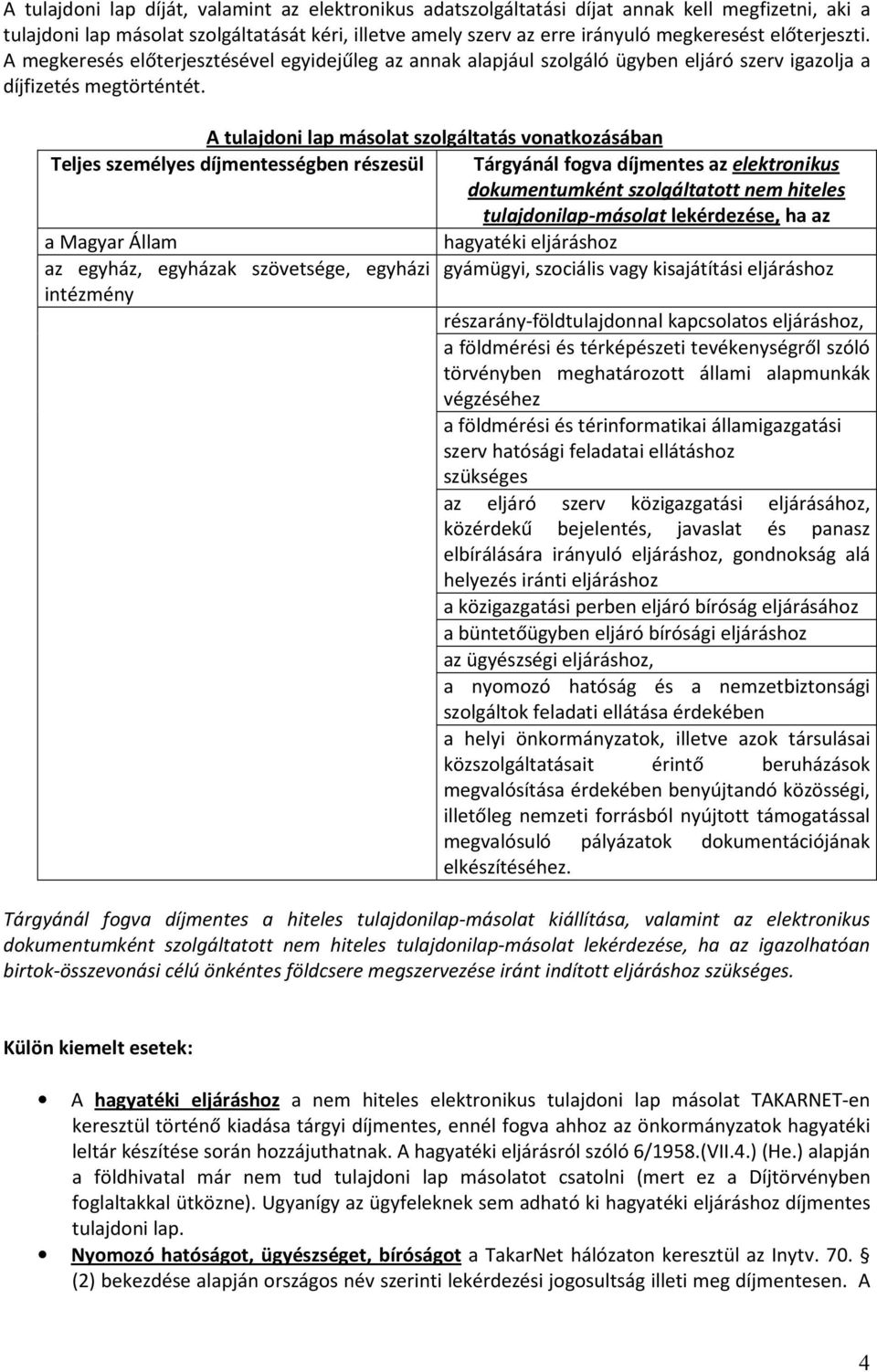 A tulajdoni lap másolat szolgáltatás vonatkozásában Teljes személyes díjmentességben részesül Tárgyánál fogva díjmentes az elektronikus dokumentumként szolgáltatott nem hiteles tulajdonilap-másolat