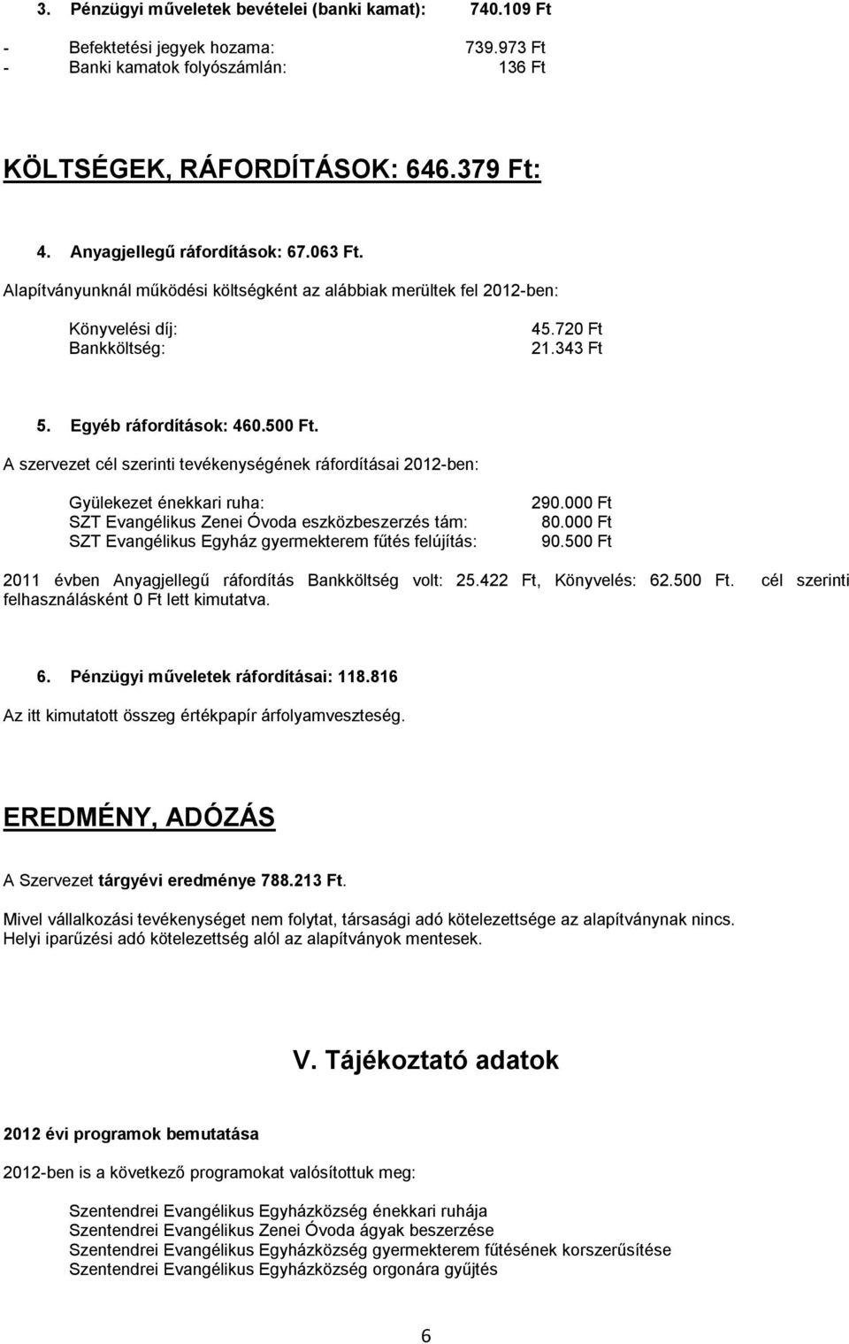 A szervezet cél szerinti tevékenységének ráfordításai 2012-ben: Gyülekezet énekkari ruha: SZT Evangélikus Zenei Óvoda eszközbeszerzés tám: SZT Evangélikus Egyház gyermekterem fűtés felújítás: 290.