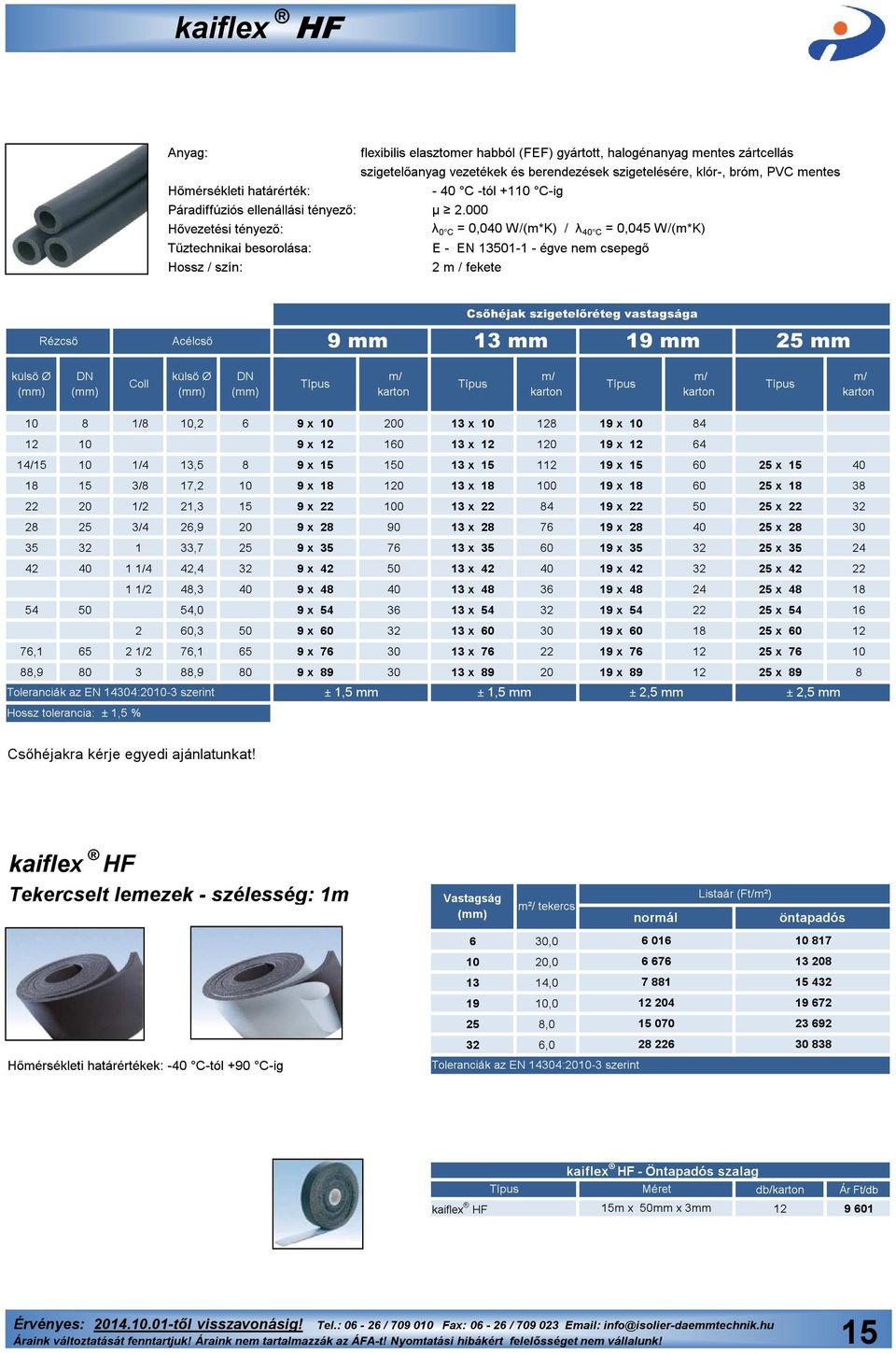 000 λ 0 C = 0,040 W/(m*K) / λ 40 C = 0,045 W/(m*K) Tűztechnikai besorolása: E - EN 13501-1 - égve nem csepegő Hossz / szín: 2 m / fekete Csőhéjak szigetelőréteg vastagsága Rézcső Acélcső 9 mm 13 mm