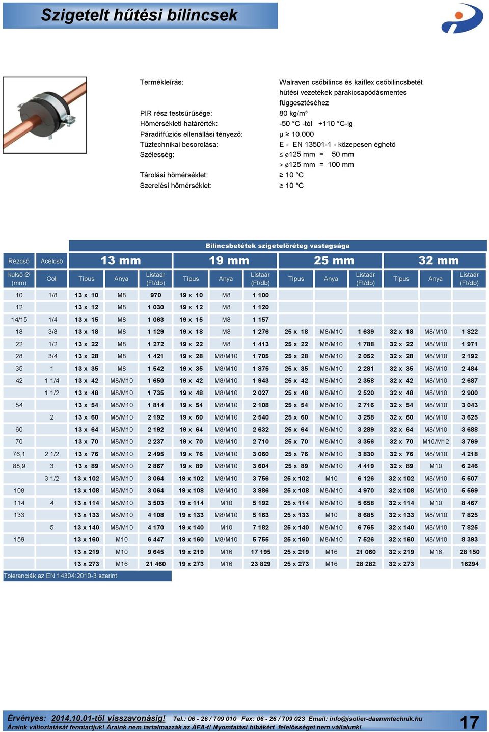 000 Tűztechnikai besorolása: E - EN 13501-1 - közepesen éghető Szélesség: ø125 mm = 50 mm > ø125 mm = 100 mm Tárolási hőmérséklet: 10 C Szerelési hőmérséklet: 10 C Bilincsbetétek szigetelőréteg