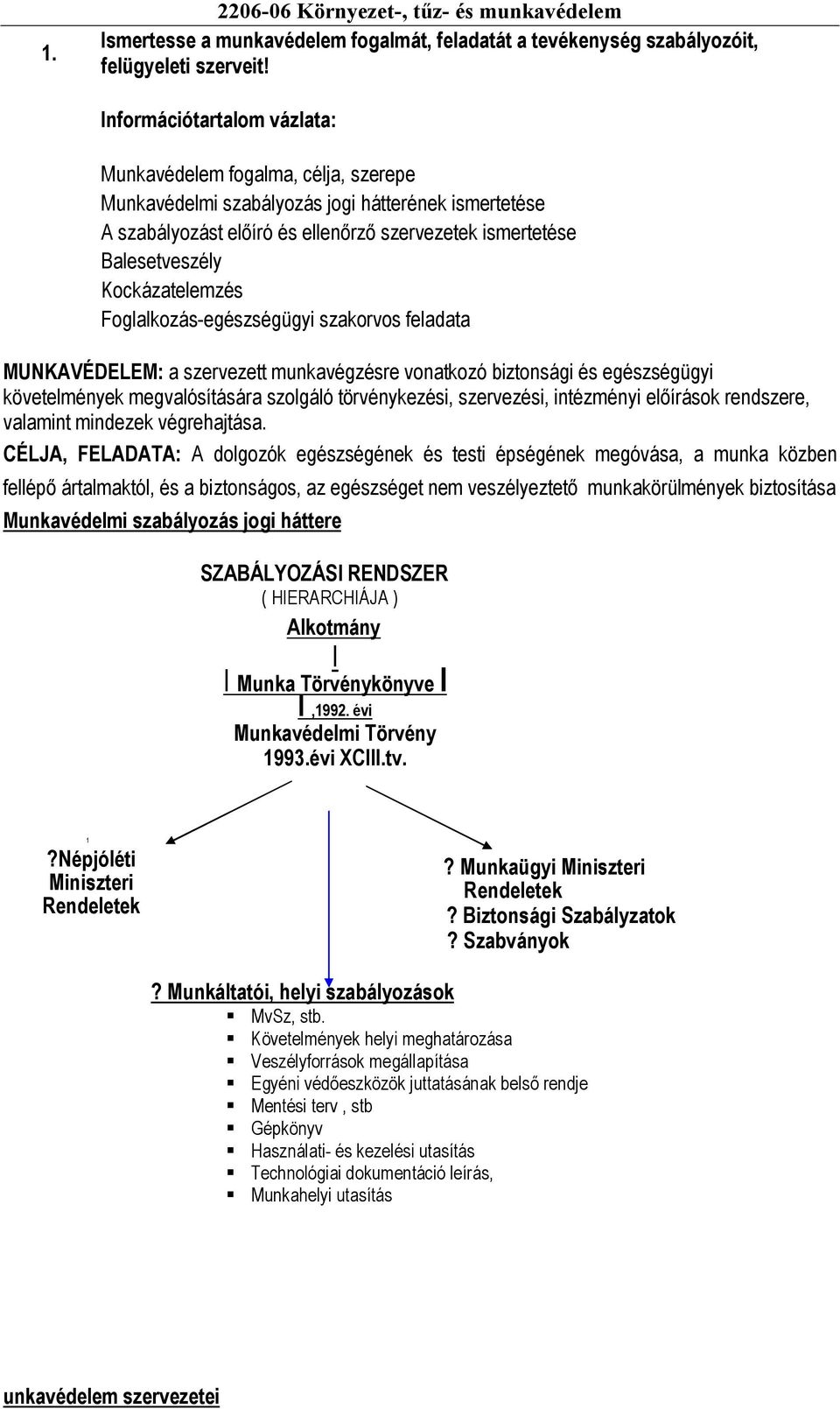 Foglalkozás-egészségügyi szakorvos feladata MUNKAVÉDELEM: a szervezett munkavégzésre vonatkozó biztonsági és egészségügyi követelmények megvalósítására szolgáló törvénykezési, szervezési, intézményi