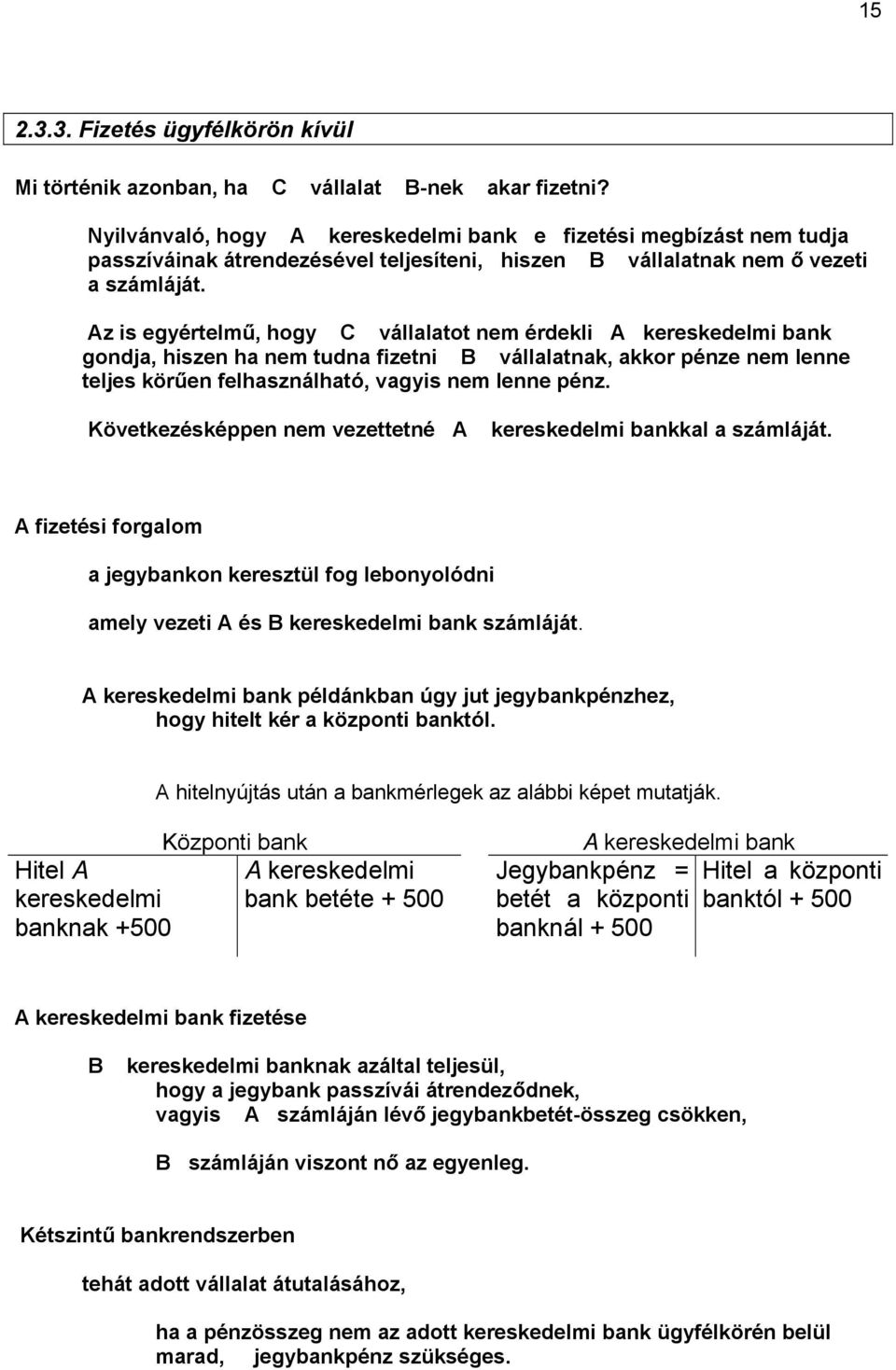 Az is egyértelmű, hogy C vállalatot nem érdekli A kereskedelmi bank gondja, hiszen ha nem tudna fizetni B vállalatnak, akkor pénze nem lenne teljes körűen felhasználható, vagyis nem lenne pénz.