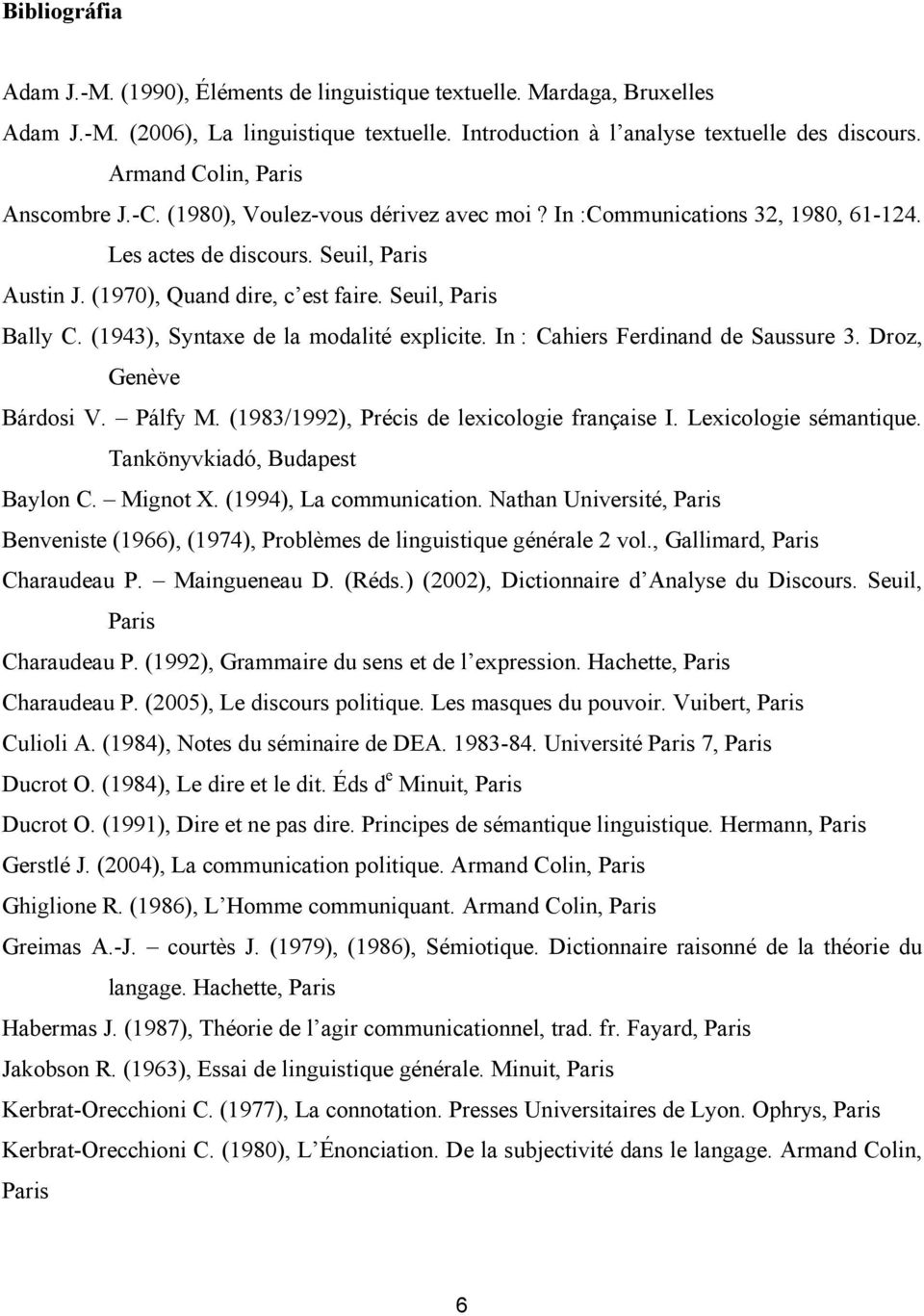 Seuil, Paris Bally C. (1943), Syntaxe de la modalité explicite. In : Cahiers Ferdinand de Saussure 3. Droz, Genève Bárdosi V. Pálfy M. (1983/1992), Précis de lexicologie française I.