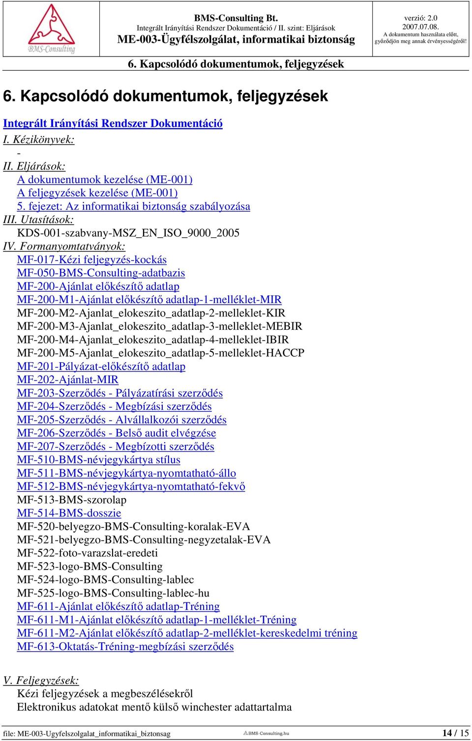 Formanyomtatványok: MF-017-Kézi feljegyzés-kockás MF-050-BMS-Consulting-adatbazis MF-200-Ajánlat előkészítő adatlap MF-200-M1-Ajánlat előkészítő adatlap-1-melléklet-mir