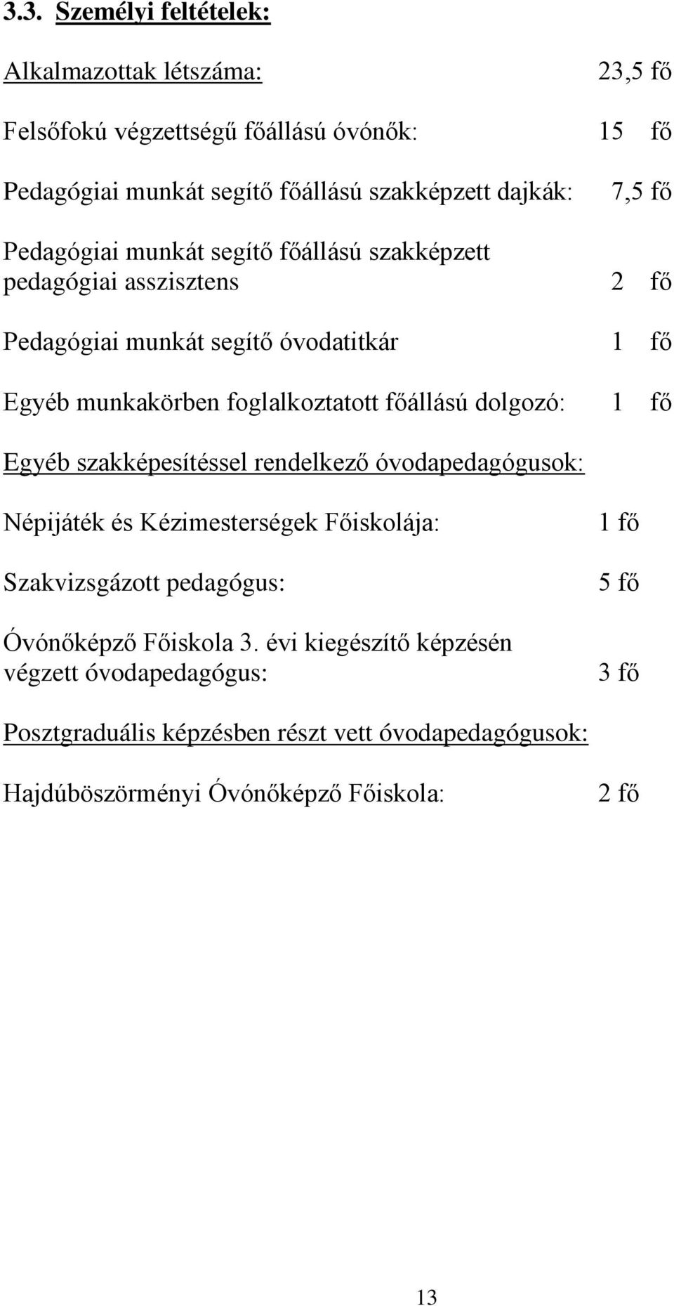 2 fő 1 fő 1 fő Egyéb szakképesítéssel rendelkező óvodapedagógusok: Népijáték és Kézimesterségek Főiskolája: Szakvizsgázott pedagógus: Óvónőképző Főiskola 3.