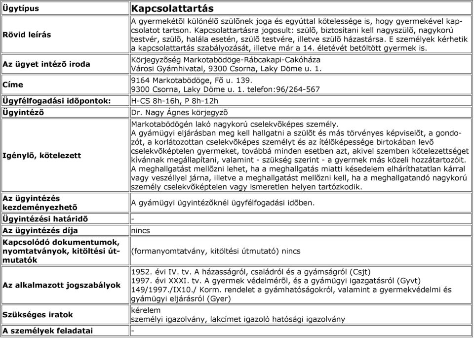 E személyek kérhetik a kapcsolattartás szabályozását, illetve már a 14. életévét betöltött gyermek is. Markotabödögén lakó nagykorú cselekvõképes személy.