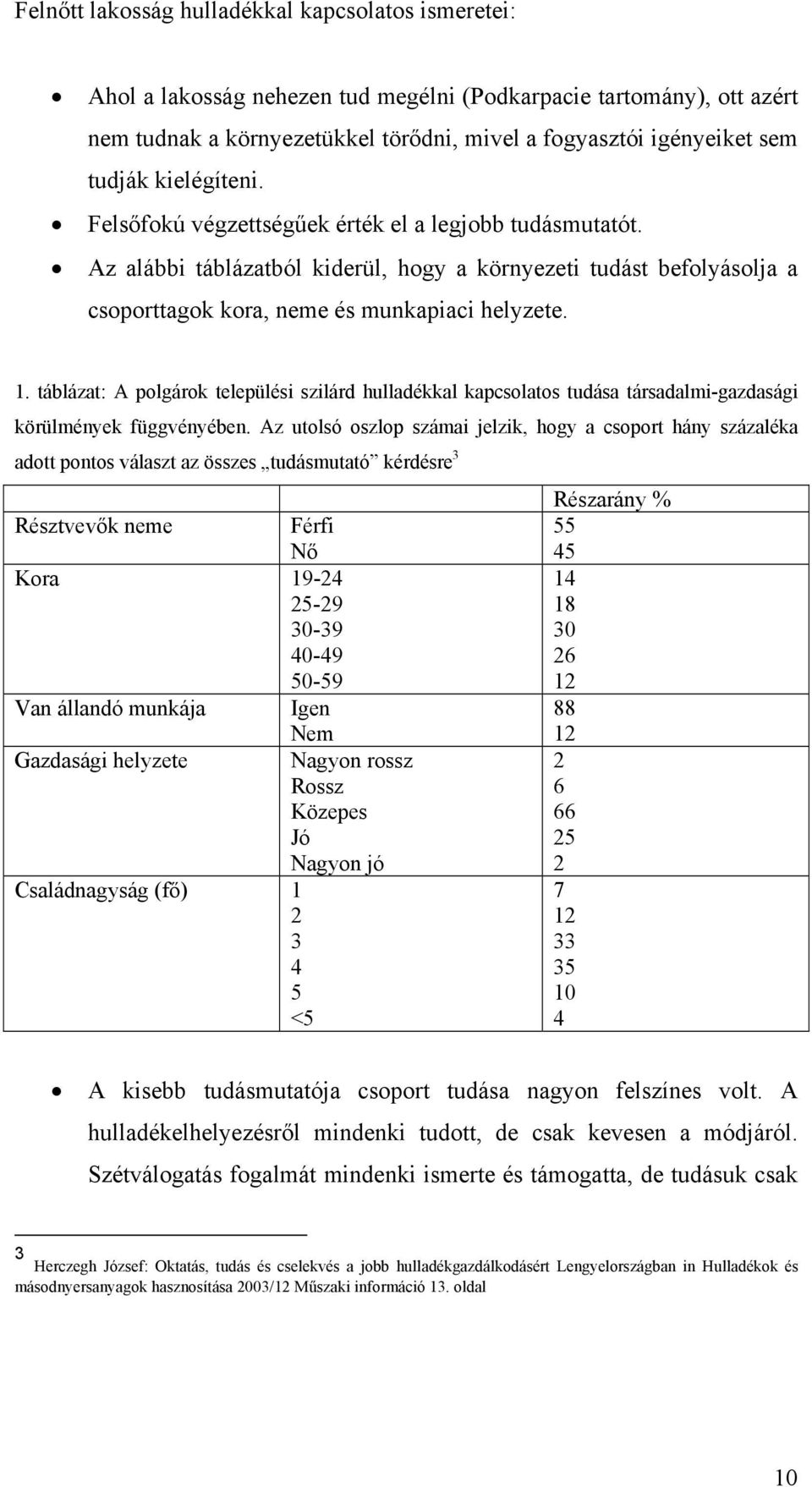 táblázat: A polgárok települési szilárd hulladékkal kapcsolatos tudása társadalmi-gazdasági körülmények függvényében.