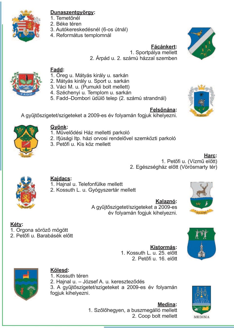 számú strandnál) Felsőnána: A gyűjtőszigetet/szigeteket a 2009-es év folyamán fogjuk kihelyezni. Kéty: 1. Orgona söröző mögött 2. Petőfi u. Barabásék előtt Gyönk: 1. Művelődési Ház melletti parkoló 2.