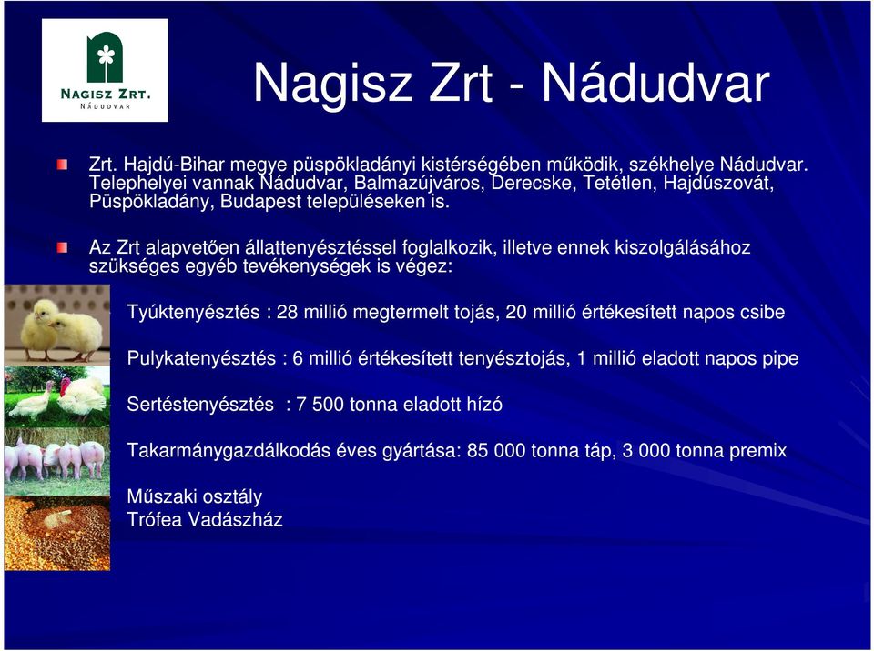 Az Zrt alapvetően állattenyésztéssel foglalkozik, illetve ennek kiszolgálásához szükséges egyéb tevékenységek is végez: Tyúktenyésztés : 28 millió megtermelt