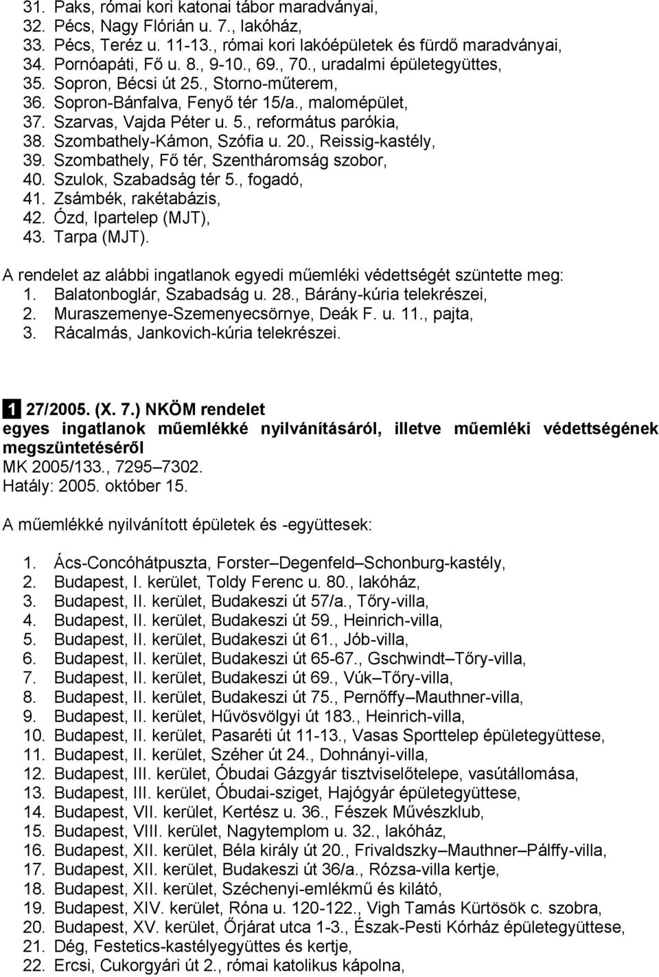 Szombathely-Kámon, Szófia u. 20., Reissig-kastély, 39. Szombathely, Fő tér, Szentháromság szobor, 40. Szulok, Szabadság tér 5., fogadó, 41. Zsámbék, rakétabázis, 42. Ózd, Ipartelep (MJT), 43.