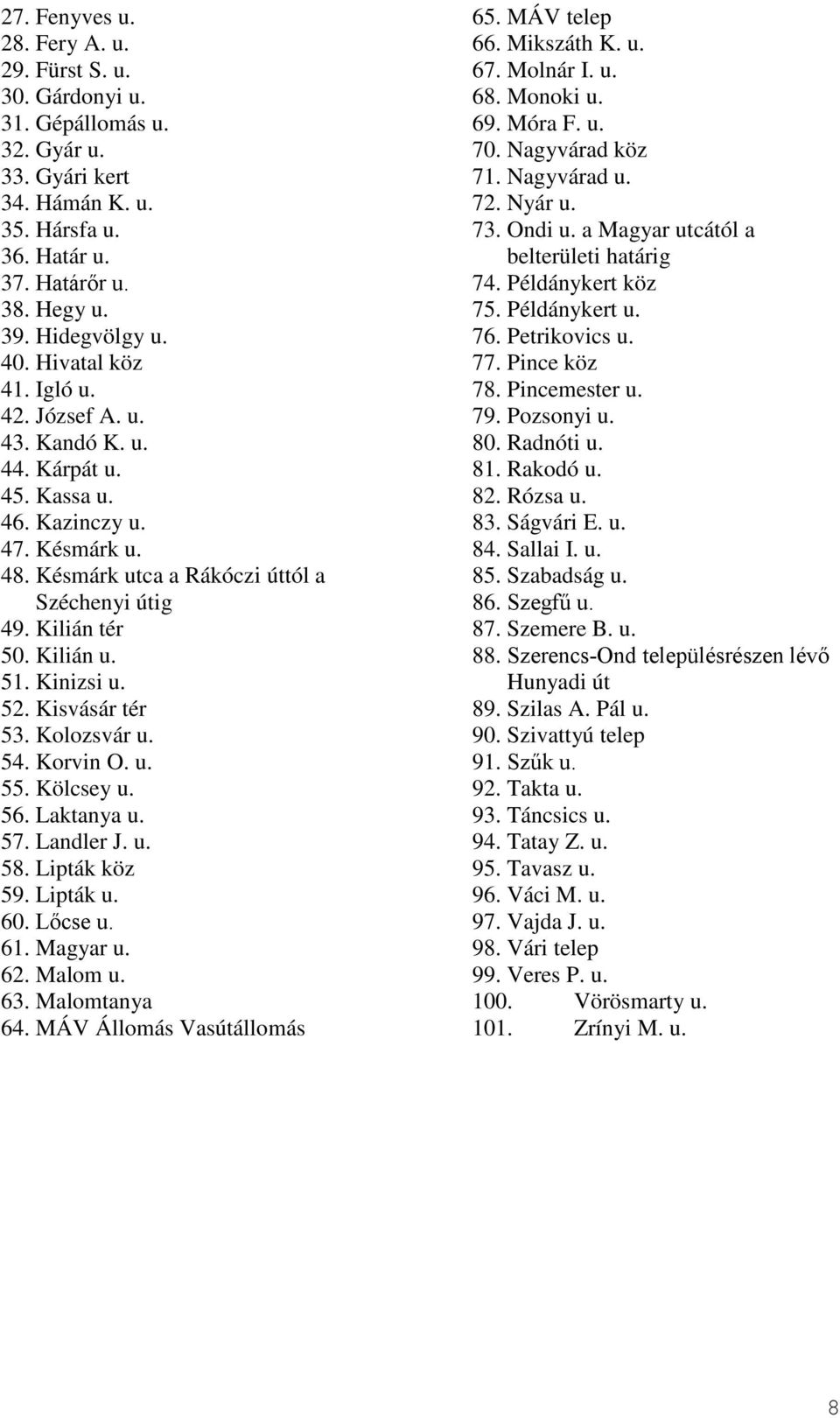 Kinizsi u. 52. Kisvásár tér 53. Kolozsvár u. 54. Korvin O. u. 55. Kölcsey u. 56. Laktanya u. 57. Landler J. u. 58. Lipták köz 59. Lipták u. 60. Lőcse u. 61. Magyar u. 62. Malom u. 63. Malomtanya 64.