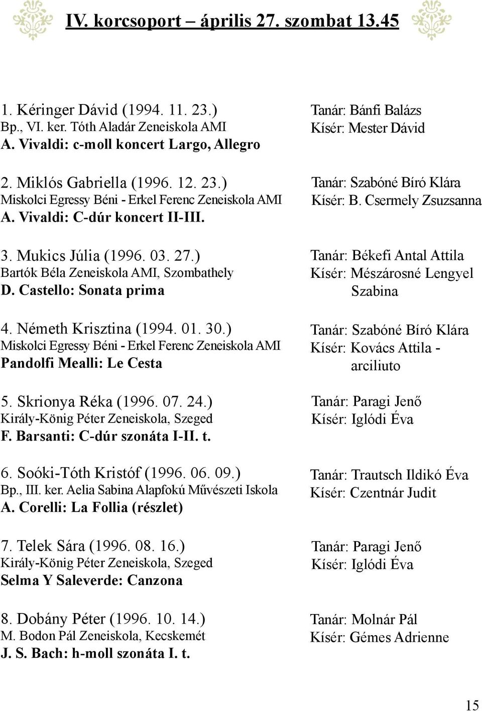 ) Miskolci Egressy Béni - Erkel Ferenc Zeneiskola AMI Pandolfi Mealli: Le Cesta 5. Skrionya Réka (1996. 07. 24.) Király-König Péter Zeneiskola, Szeged F. Barsanti: C-dúr szonáta I-II. t. 6.