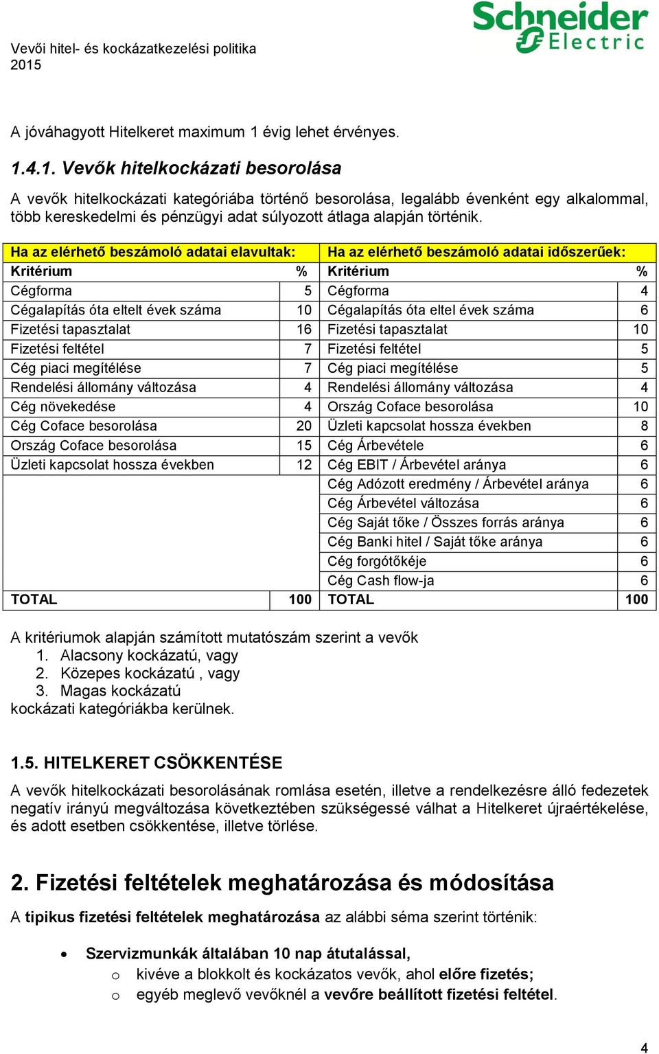 4.1. Vevők hitelkockázati besorolása A vevők hitelkockázati kategóriába történő besorolása, legalább évenként egy alkalommal, több kereskedelmi és pénzügyi adat súlyozott átlaga alapján történik.