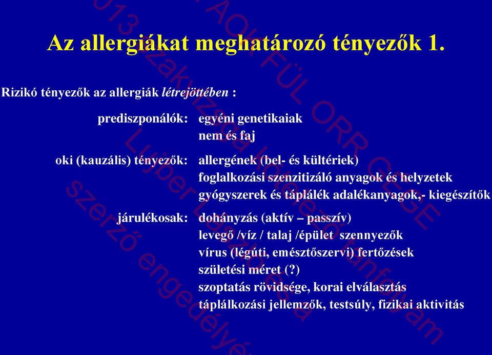 (bel- és kültériek) foglalkozási szenzitizáló anyagok és helyzetek gyógyszerek és táplálék adalékanyagok,- kiegészítők