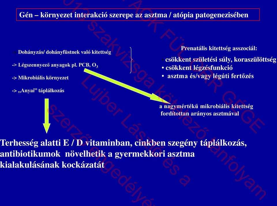 PCB, O 3 -> Mikrobiális környezet Prenatális kitettség asszociál: csökkent születési súly, koraszülöttség csökkent légzésfunkció