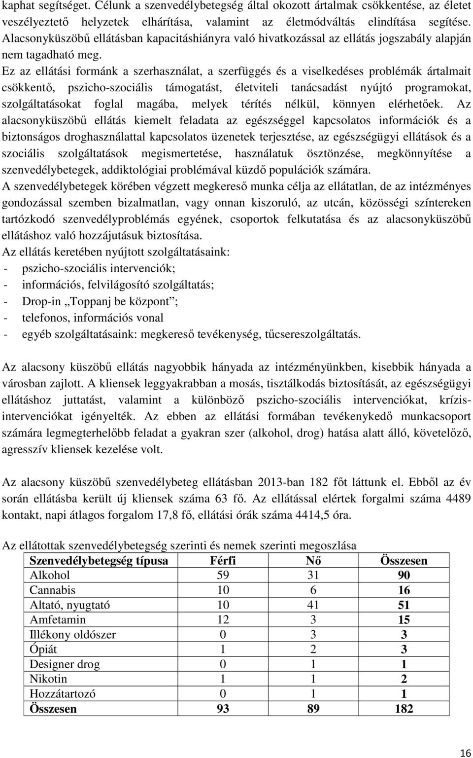 Ez az ellátási formánk a szerhasználat, a szerfüggés és a viselkedéses problémák ártalmait csökkentı, pszicho-szociális támogatást, életviteli tanácsadást nyújtó programokat, szolgáltatásokat foglal