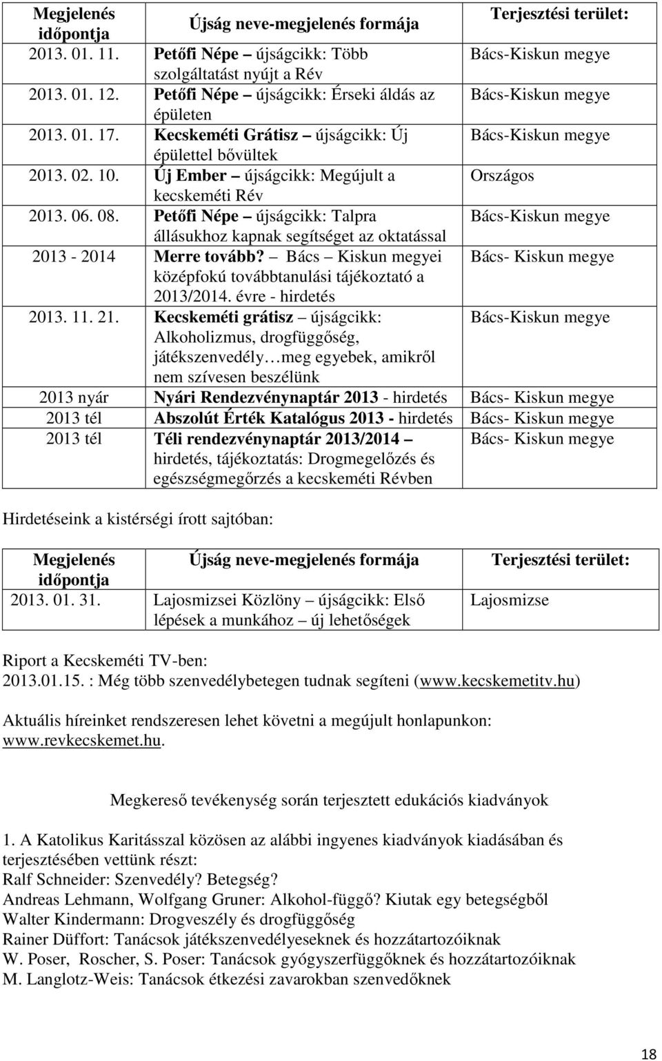 Új Ember újságcikk: Megújult a Országos kecskeméti Rév 2013. 06. 08. Petıfi Népe újságcikk: Talpra Bács-Kiskun megye állásukhoz kapnak segítséget az oktatással 2013-2014 Merre tovább?